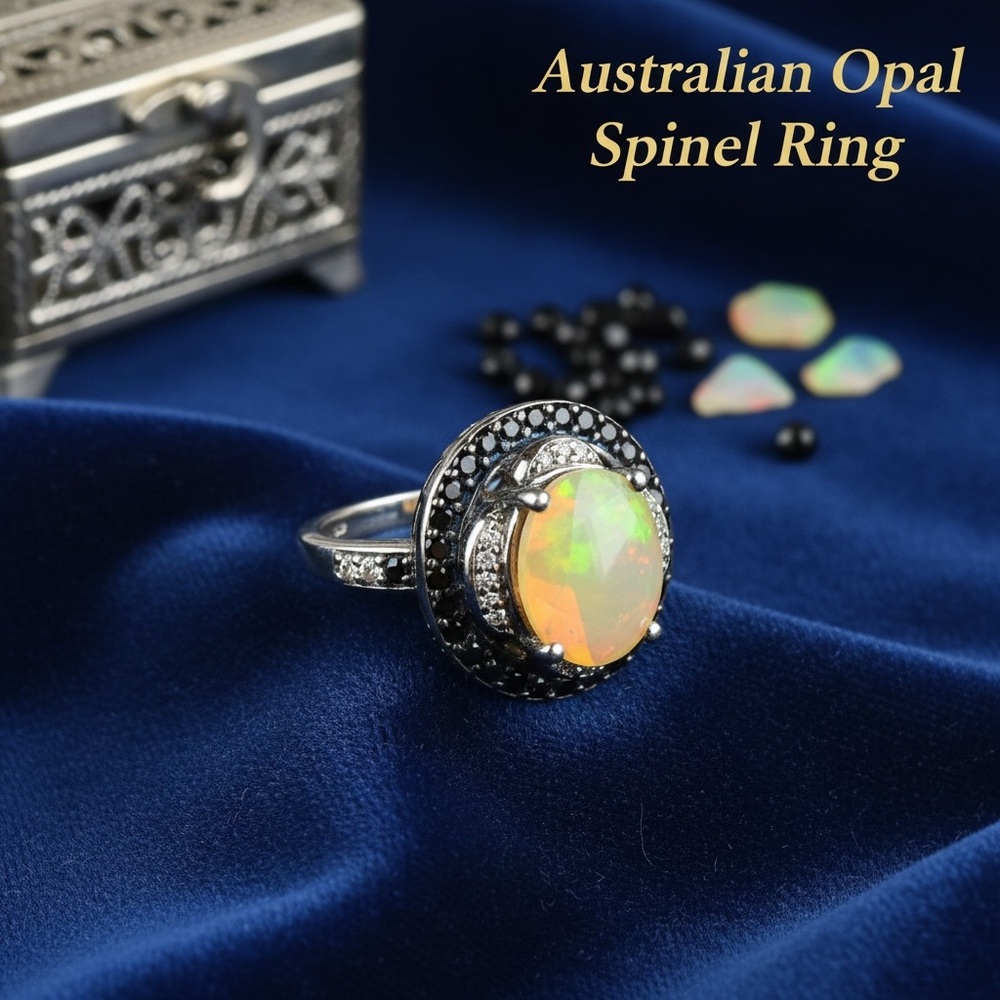 Australian Opal Spinel Ring - Multicolor Opal with Black Spinel Halo - Picture 5 of 5
